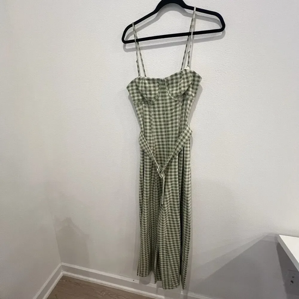 Free People Hold Me Tights Gingham Wide Leg Jumpsuit Green Linen Blend Size XS